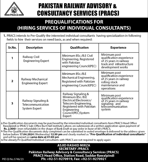 Pakistan Railway Advisory & Consultancy Services Jobs 2024