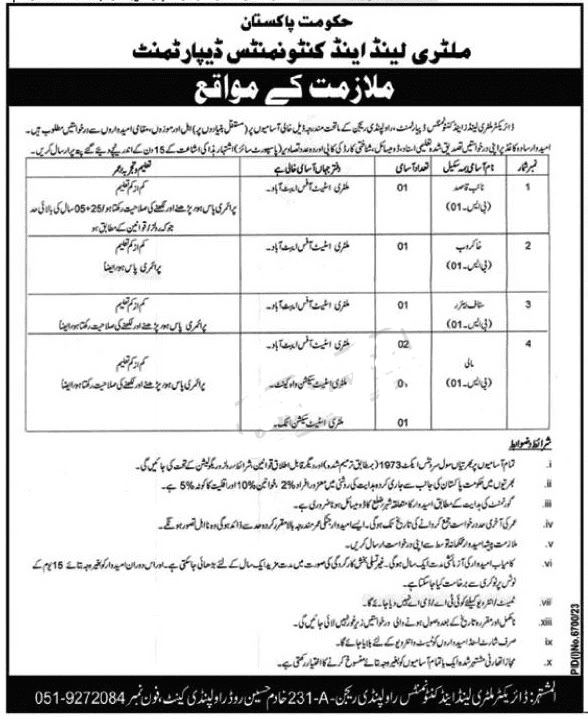 Military Lands and Cantonments Department Jobs 2024 Online Apply