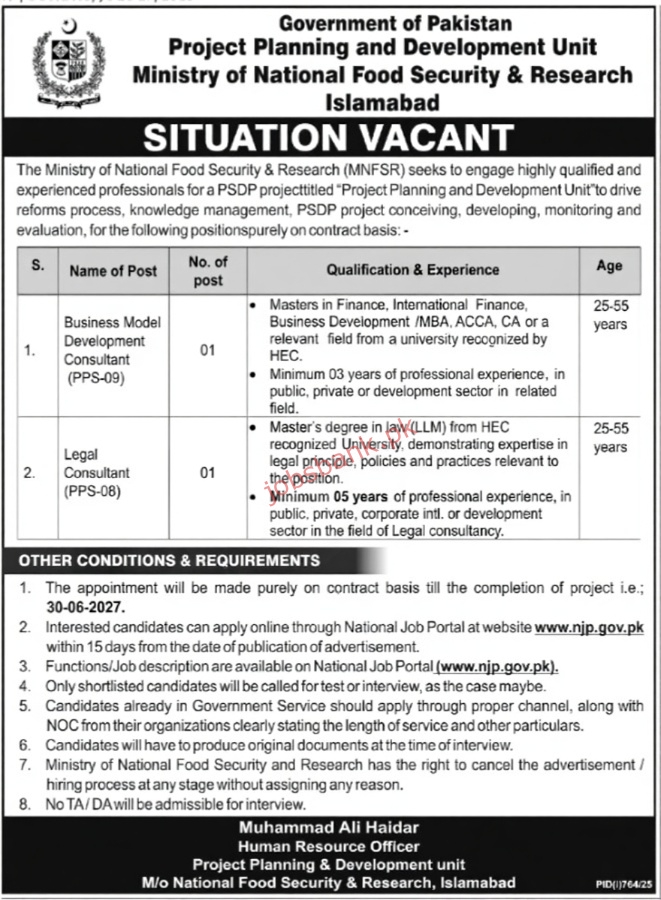 Ministry of National Food Security & Research (MNFSR) Jobs
