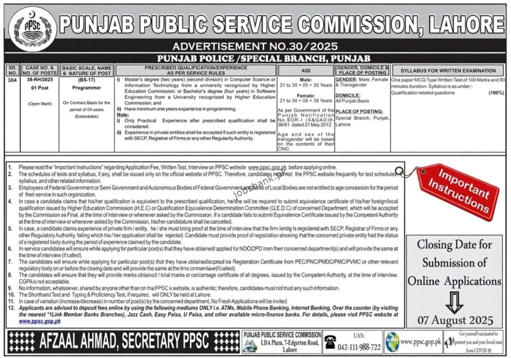 Punjab Police Special Branch Jobs through (PPSC) - Punjab Public Service Commission