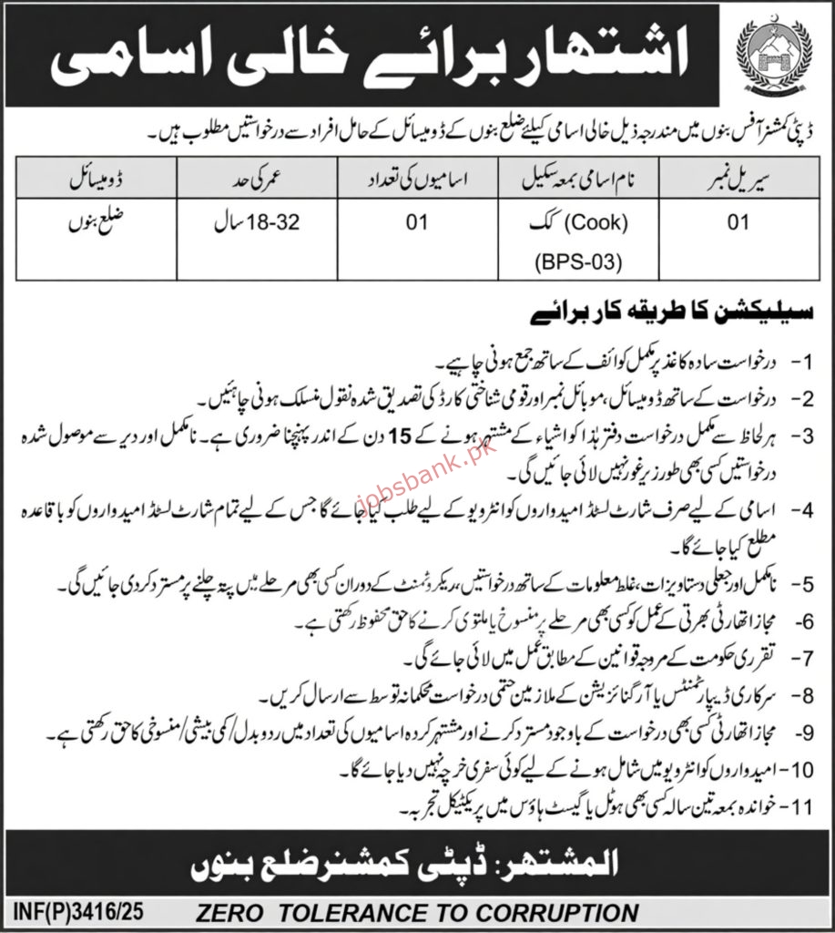 Deputy Commissioner Office Bannu Jobs
