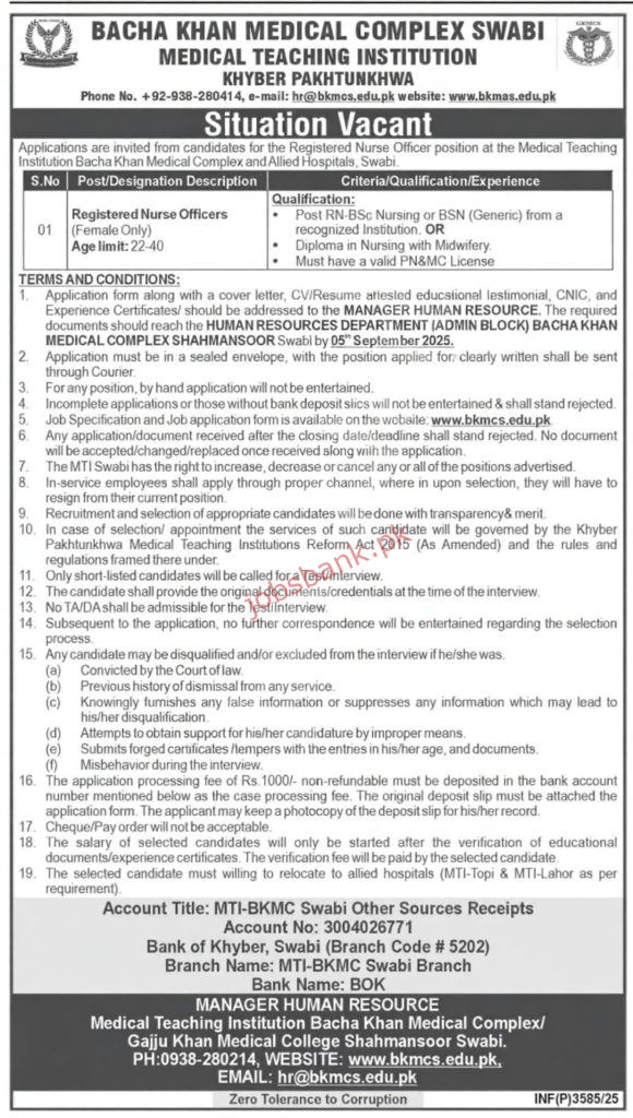 Bacha Khan Medical Complex BKMC Swabi Jobs