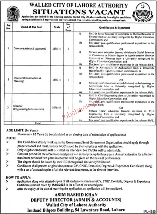 Walled City of Lahore Authority (WCLA) Jobs