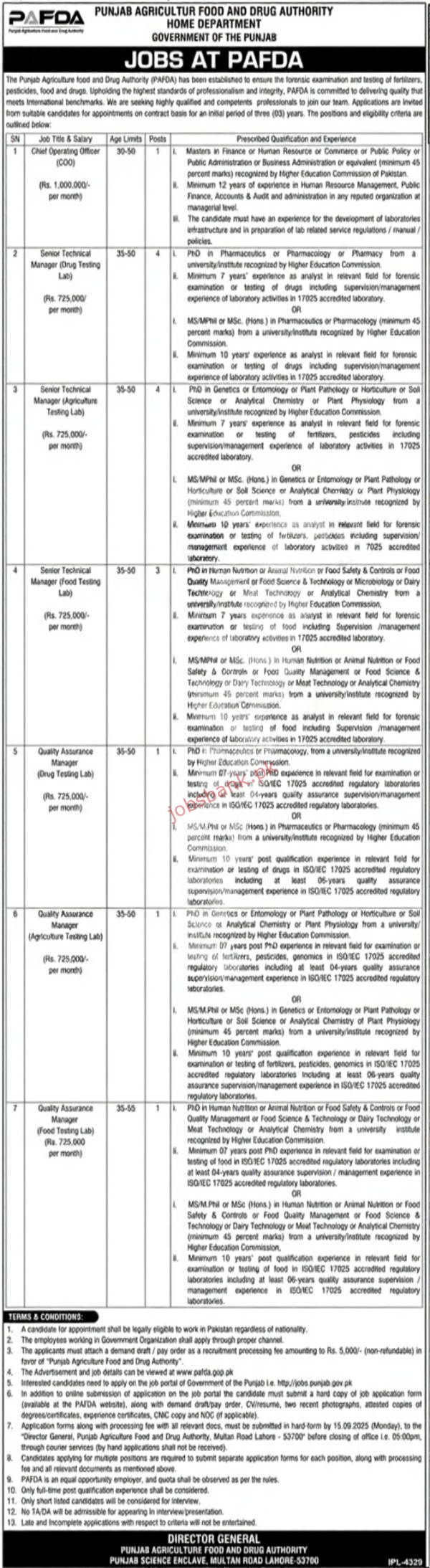 Punjab Agriculture Food and Drug Authority (PAFDA) Jobs